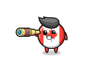 cute canada flag badge character is holding an old telescope