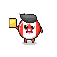 cartoon canada flag badge character as a football referee giving a yellow card