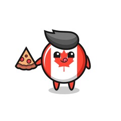 cute canada flag badge cartoon eating pizza