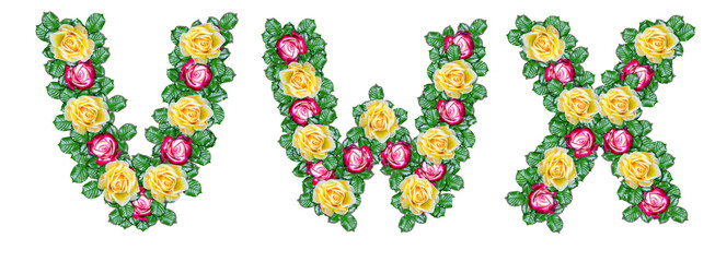 The letters V, W, X are made of red and yellow roses with green leaves