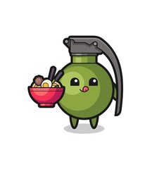 cute grenade character eating noodles