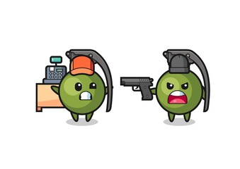 illustration of the cute grenade as a cashier is pointed a gun by a robber