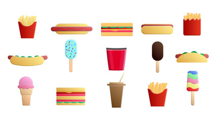 Fototapeta na wymiar Set of 15 icons of items of delicious food and snacks for a cafe bar restaurant on a white background: fries, sandwich, ice cream, popcorn, drink