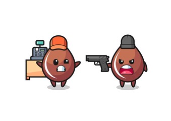 illustration of the cute chocolate drop as a cashier is pointed a gun by a robber