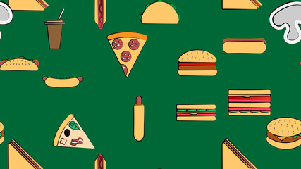 Endless green seamless pattern of delicious food and snack items icons set for restaurant bar cafe: burger, hotdog, sandwich, pizza, burrito, drink. The background