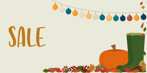 Autumn illustration. The flyer features autumn foliage, pumpkin, rubber boots, garland and text sale