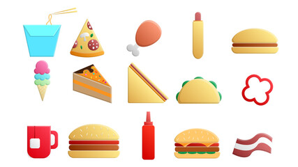 Fototapeta na wymiar Set of 15 icons of delicious food and snacks items for a cafe bar restaurant on a white background: burger, hot dog, sandwich, pizza, burrito, drink, noodles, ketchup, pepper