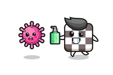 illustration of chess board character chasing evil virus with hand sanitizer