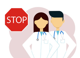Fototapeta premium Illustration of two doctors, a man and a woman in white coats and with stethoscopes next to a large STOP sign