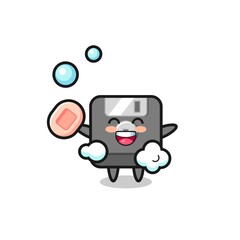 floppy disk character is bathing while holding soap