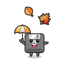 cartoon of the cute floppy disk holding an umbrella in autumn