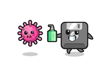 illustration of floppy disk character chasing evil virus with hand sanitizer