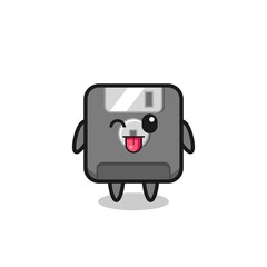 cute floppy disk character in sweet expression while sticking out her tongue