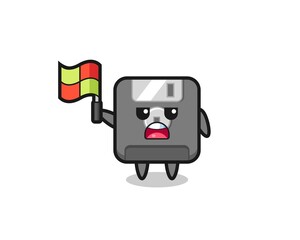 floppy disk character as line judge putting the flag up