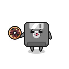 illustration of an floppy disk character eating a doughnut