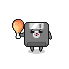 floppy disk cute mascot is eating a fried chicken