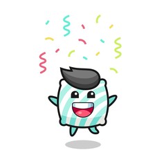 happy pillow mascot jumping for congratulation with colour confetti