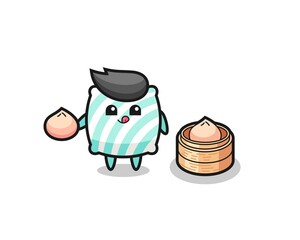 cute pillow character eating steamed buns