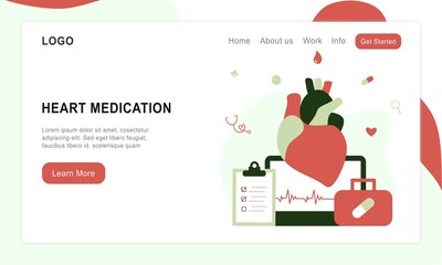 Landing page of modern heart medication, heart disease research concept. Studying heart model, drugs and heartbeat diagram. Vector illustration cardiovascular system, cholesterol, medical examination.