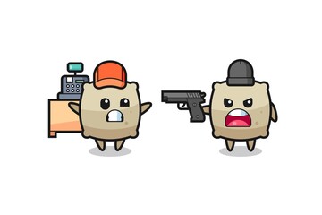 illustration of the cute sack as a cashier is pointed a gun by a robber