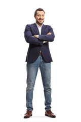Full length portrait of a man in jeans and trendy suit - obrazy, fototapety, plakaty