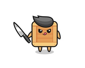 cute wooden box mascot as a psychopath holding a knife
