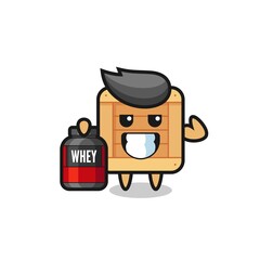 the muscular wooden box character is holding a protein supplement