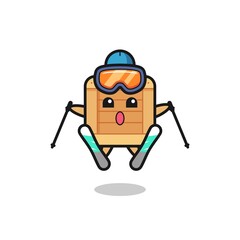 wooden box mascot character as a ski player