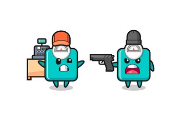 illustration of the cute weight scale as a cashier is pointed a gun by a robber