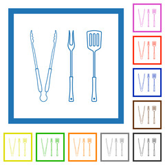 Barbecue tongs and fork and spatula flat framed icons