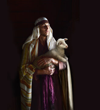 Shepherd hold a sheep in his arms