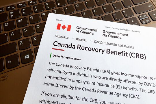 Toronto, Canada - June 10, 2021: One page of Canada Recovery Benefit (CRB) application instruction. CRB gives income support to employed and self-employed individuals who are affected by COVID-19. 