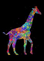 Giraffe Animal watercolor art with black background, abstract painting. Watercolor illustration rainbow, colorful, decoration wall art.