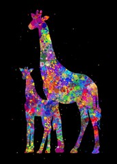 Giraffe and baby Animal watercolor art with black background, abstract painting. Watercolor illustration rainbow, colorful, decoration wall art.