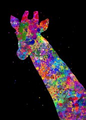 Obraz premium Giraffe portrait Animal watercolor art with black background, abstract painting. Watercolor illustration rainbow, colorful, decoration wall art.
