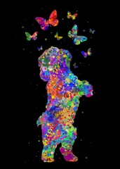 Dog and Butterfly Animal watercolor art with black background, abstract painting. Watercolor illustration rainbow, colorful, decoration wall art.