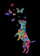 Obraz premium Dog and Butterfly Animal watercolor art with black background, abstract painting. Watercolor illustration rainbow, colorful, decoration wall art.