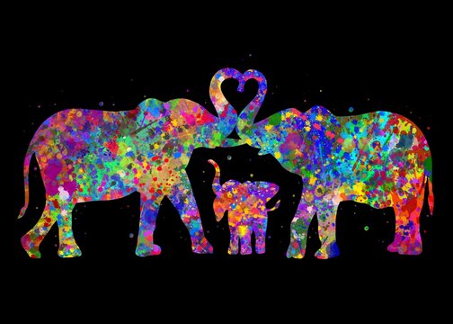 Elephant family love Animal watercolor art with black background, abstract painting. Watercolor illustration rainbow, colorful, decoration wall art.