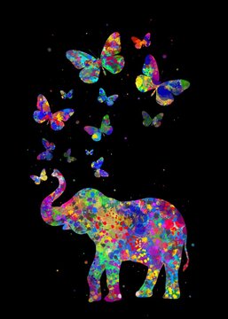 Elephant and butterfly Animal watercolor art with black background, abstract painting. Watercolor illustration rainbow, colorful, decoration wall art.