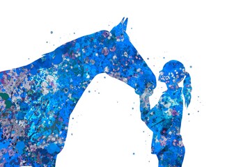 Girl and horse Animal blue watercolor art, abstract painting. Watercolor illustration rainbow, colorful, decoration wall art. © Yahya Art