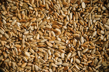 Background of fried peeled sunflower seeds. The texture of small grains. Harvest of seeds.