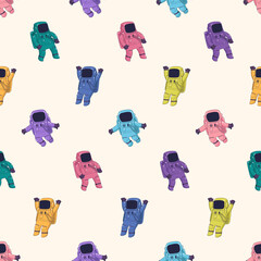 Colorful spacemen vector seamless pattern with light background