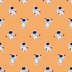 Cute astronauts vector seamless pattern with yellow background