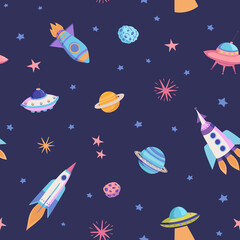 Colorful seamless vector Space pattern with spaceships, UFOs, planets and other elements