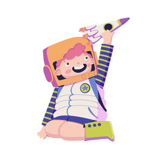 Boy in a spacesuit playing with a rocket vector illustration