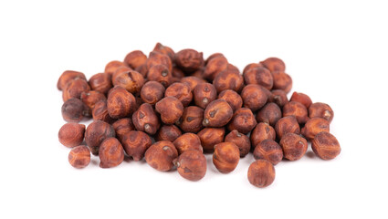 Pile of brown chickpeas, isolated on white background. Brown chickpea. Garbanzo, bengal gram or chick pea bean.