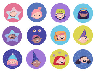 Colorful vector tags with kids faces