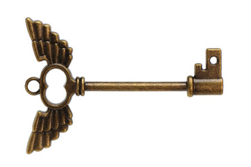A single old brass key against a white background