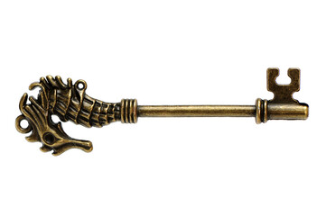 A single old brass key against a white background