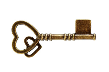 A single old brass key against a white background